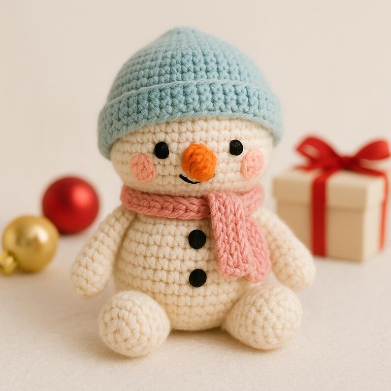 May include: A crocheted snowman wearing a pale blue hat and a pink scarf. The snowman has black button eyes, an orange carrot nose, and pink cheeks. Two black buttons are on the snowman's body. A small gift box with a red bow is in the background.