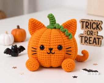 Patrón PDF de ganchillo de gato calabaza - Decoración para el hogar con gato acogedor, fácil y rápido, apto para principiantes - Lindo tutorial de ganchillo de Halloween