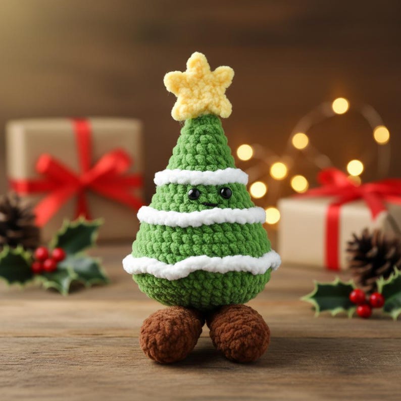 May include: A handmade green crochet Christmas tree with white trim and a yellow star on top. The tree has a smiling face and sits on two brown crochet balls. The background includes wrapped gifts and Christmas lights.
