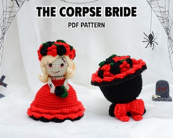 Reversible Gruselige Blumenstrauß und Braut Häkeln Halloween-Muster - 2in1 Gruselige Hochzeit PDF Anleitung - Häkeln Gothic Puppe Halloween Geschenk