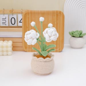 Peut inclure: Un arrangement floral fait à la main au crochet dans un petit pot. Les fleurs blanches ont des tiges et des feuilles vertes. Le pot est beige avec un bord festonné. Un plateau en bois et une petite plante succulente sont en arrière-plan.