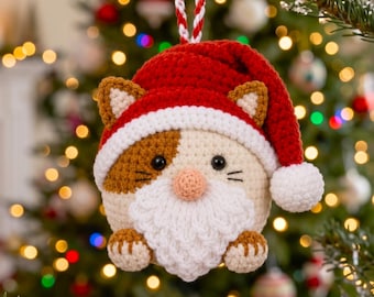 Cat Gnome Ornament Crochet PDF Pattern - How to Crochet Cat Xmas Bauble Amigurumi - Easy Crochet Cozy Christmas Tree Decoration