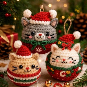 Peut inclure: Trois ornements de Noël en crochet en forme de chat. Les ornements sont dans les tons de gris, de beige et de blanc, avec des accents rouges et verts. Chaque chat a un visage souriant et est décoré d'un nœud et d'un flocon de neige.