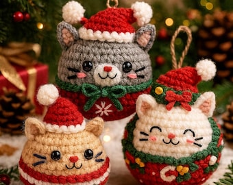 Christmas Cat Ball Ornaments Crochet Pattern - Bundle 3in1 Xmas Cat Ball Amigurumi Tutorial - Christmas Tree Decor Crochet - Boho Christmas