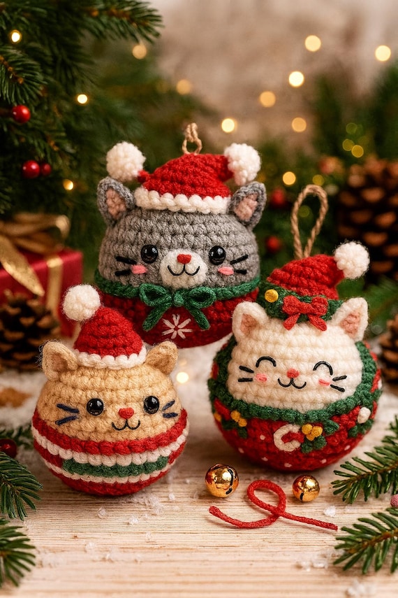 Christmas Cat Ball Ornaments Crochet Pattern - Bundle 3in1 Xmas Cat Ball Amigurumi Tutorial - Christmas Tree Decor Crochet - Boho Christmas