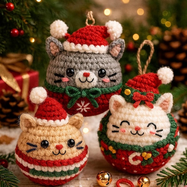 Christmas Cat Ball Ornaments Crochet Pattern - Bundle 3in1 Xmas Cat Ball Amigurumi Tutorial - Christmas Tree Decor Crochet - Boho Christmas
