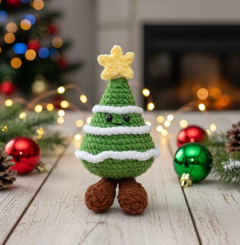 May include: A handmade green crochet Christmas tree with white accents and a yellow star on top. The tree has black eyes and brown feet. Christmas ornaments and a Christmas tree are in the background.
