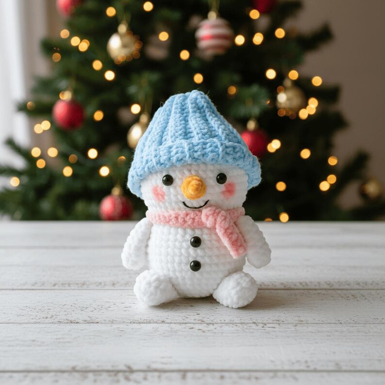 May include: A crocheted snowman in white, wearing a blue hat and a pink scarf. It has a carrot nose, black button eyes, and a smiling mouth. The snowman sits on a white wooden surface, with a Christmas tree decorated with baubles in the background.