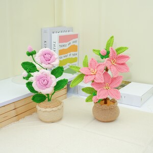May include: Two crochet flower arrangements. One features pink roses, green leaves, and a beige pot. The other has pink lily-like flowers, green leaves, and a similar pot. Decorative items for home decor.