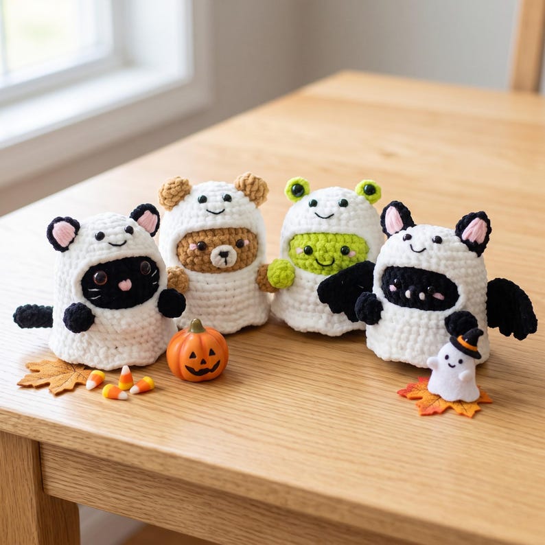 May include: Four small crocheted plush figures wearing white ghost costumes. The figures include a black cat, a brown bear, a green frog, and a black bat. A miniature orange jack-o'-lantern, three candy corn pieces, and a tiny ghost figurine are included.
