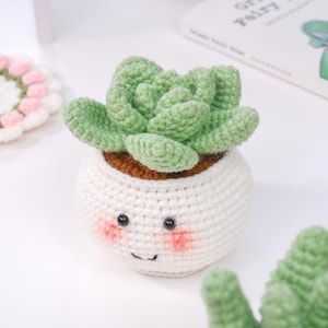 May include: A crocheted succulent plant in a white pot with a smiling face, blush cheeks, and black eyes. The succulent has green leaves and sits in a brown-colored soil. A crocheted coaster is in the background.
