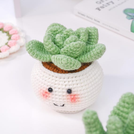 Crochet Succulent Pot Jelly Cat for Beginner PDF Pattern, Easy Crochet Cute Succulent Pot Step by Step Crochet Amigurumi Tutorial