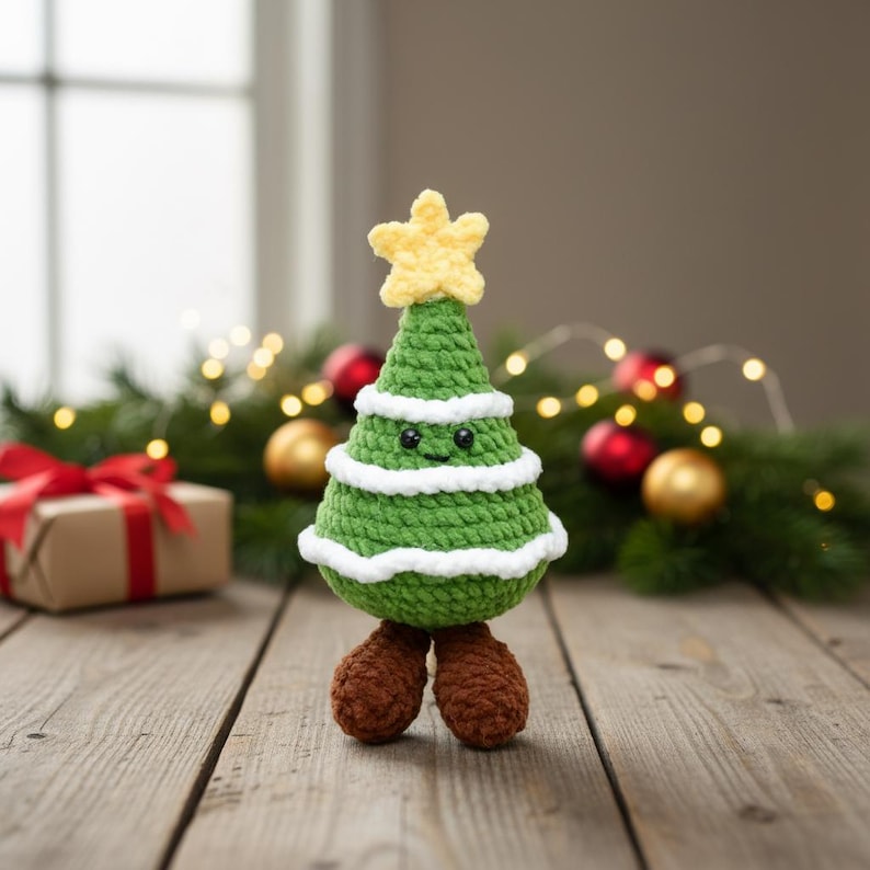 May include: A handmade green crochet Christmas tree with a yellow star on top. The tree has white trim and brown feet. The tree has a smiling face. The background includes Christmas decorations and a wrapped gift.