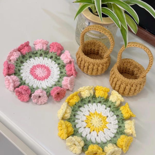 Sottobicchiere e cestino a forma di mughetto, schema all'uncinetto facile, tutorial PDF in amigurumi per sottobicchieri a forma di fiore senza cuciture, adatto ai principianti