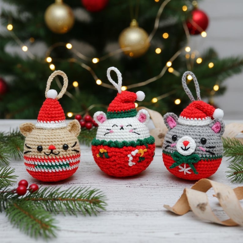 May include: Three crocheted Christmas ornaments shaped like mice, each wearing a Santa hat. The ornaments are in beige, white, and gray, with red and green accents. They have embroidered faces and are hanging in front of a Christmas tree.