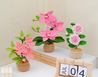 3-in-1-Bundle mit rosa Blumentopf – Häkelanleitung (PDF) – Einfache Häkelanleitung für dekorative Topfblumen (Amigurumi): Rose, Orchidee, Pfirsichblüte