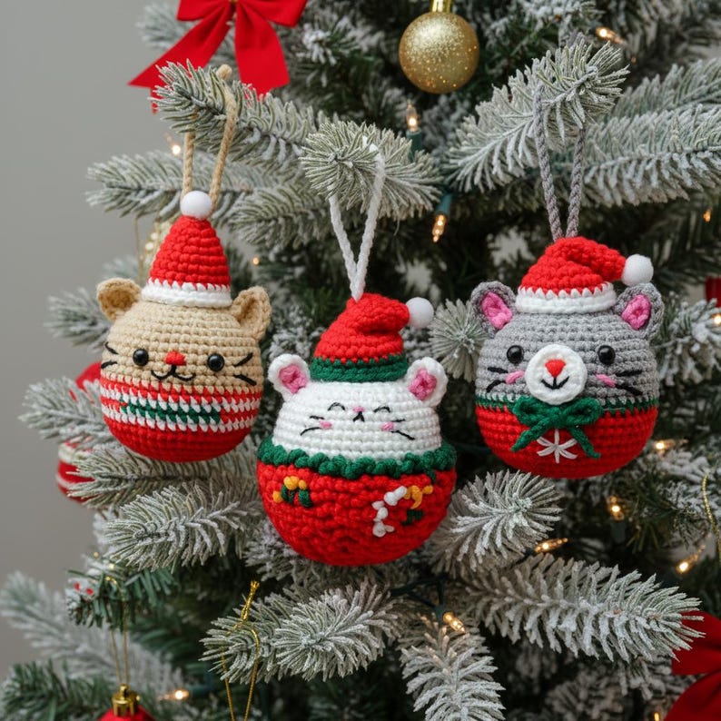 May include: Three crocheted Christmas ornaments shaped like mice, each wearing a Santa hat. The ornaments are beige, white, and gray, with red and green accents. They hang on a decorated Christmas tree.