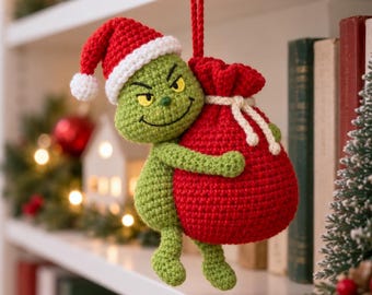 Monster Xmas Ornament Crochet PDF Pattern - Thief with Xmas Gift Bag Amigurumi Tutorial - Crochet Xmas Green Monster Hanging Decoration