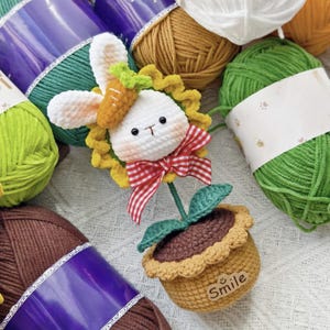 Crochet Bunny Sunflower Pots PDF Pattern, Amigurumi Cute Flower Pots Decoration, Desk Bunny Pot Crochet - Cute Mother&#39;s Day Gift Pattern
