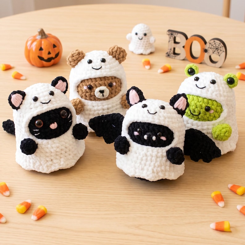May include: Four crocheted plush figures wearing white ghost costumes, including a black cat, a brown bear, a black bat, and a green frog. A small white ghost, a miniature orange pumpkin, and a wooden sign reading BOO are arranged nearby.