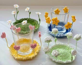 4in1 Flip Cup Hugger Crochet PDF Pattern - Bundle 3D Blooming Flower Coaster: Heart, Rose, Flower, Star Coaster - Cute Table Decor Crochet