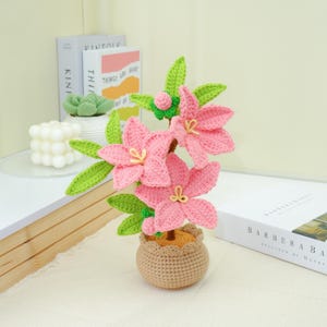 May include: A handcrafted crochet flower arrangement featuring pink flowers with yellow centers, green leaves, and a brown stem, planted in a small, tan crochet pot. The arrangement is a decorative item.
