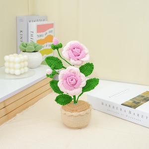 Rose Flower Pot Crochet PDF Pattern - Easy Crochet Desk Flower Pot Amigurumi Decorations - Crochet Rose Flower Pattern - Rose Amigurumi
