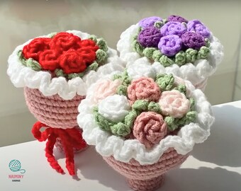 May include: Three crocheted flower arrangements in pink pots with white ruffled edges. The flowers are red, pink and purple.
