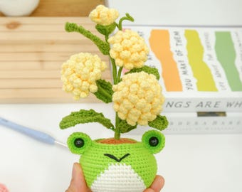 花のカエルの鉢の編み図（PDF）、菊の鉢の編み方、かわいい花柄の動物