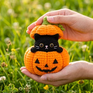 May include: A crocheted black cat toy with large yellow eyes and white whiskers, peeking out from inside a bright orange crocheted pumpkin with a carved jack-o'-lantern face and a green stem on top, crafted with detailed yarn stitching.