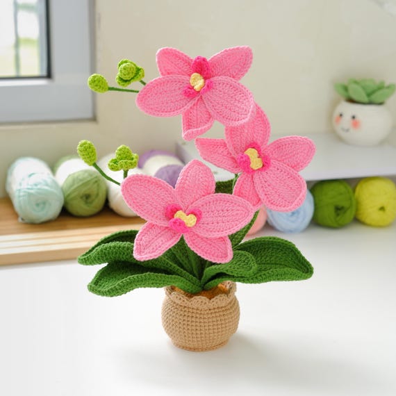 Crochet Orchid Flower Pot PDF Pattern, Easy Crochet Flower Pot Desk Decoration, How to Crochet Orchid Flower Pot Tutorial Pattern