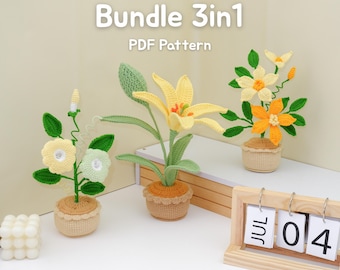 Yellow Flower Pot Bundle 3 in1 Crochet Pattern, Crochet Flower Pot Decoration Tutorial: Lily Pot, Morning Glory Flower, Clematis Flower