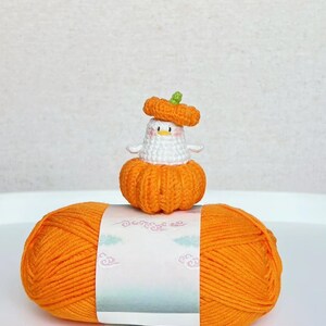 May include: An orange yarn ball with a white label featuring a decorative design. A small, handmade crochet duck wearing an orange pumpkin hat and body sits atop the yarn. The duck has a white body and a small green stem on its hat.
