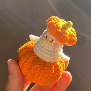 May include: A handmade crochet pumpkin-themed figure. The figure is primarily orange, with a white body and a small, yellow beak. The pumpkin hat has a green stem. The figure is held in a hand.