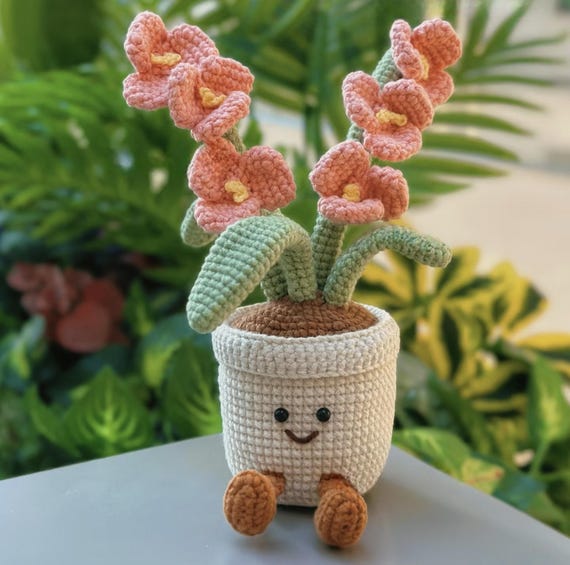 Jelly Cat Orchid Flower Pot Crochet PDF Pattern, Crochet Cute Jelly Cat Pot Tutorial, Crochet Orchid Flower Pot Amigurumi Decor Pattern
