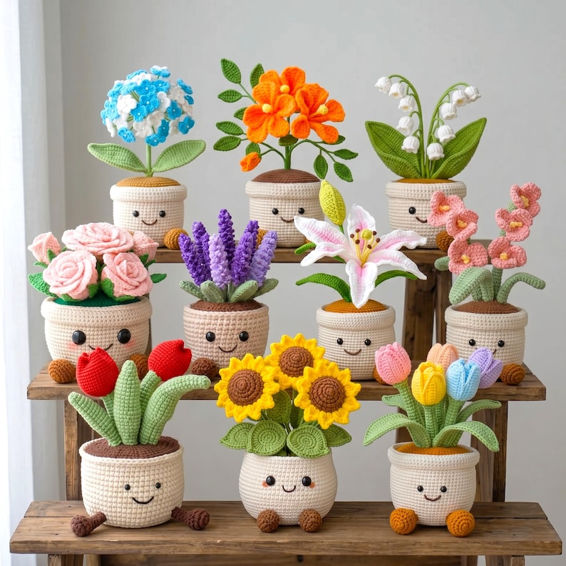 Bundle 10in1 Flower Pots Crochet PDF Pattern - Easy Crochet Cute Flower Home Decoration - Cute Potted Amigurumi Tutorial - Floral Crochet image 1