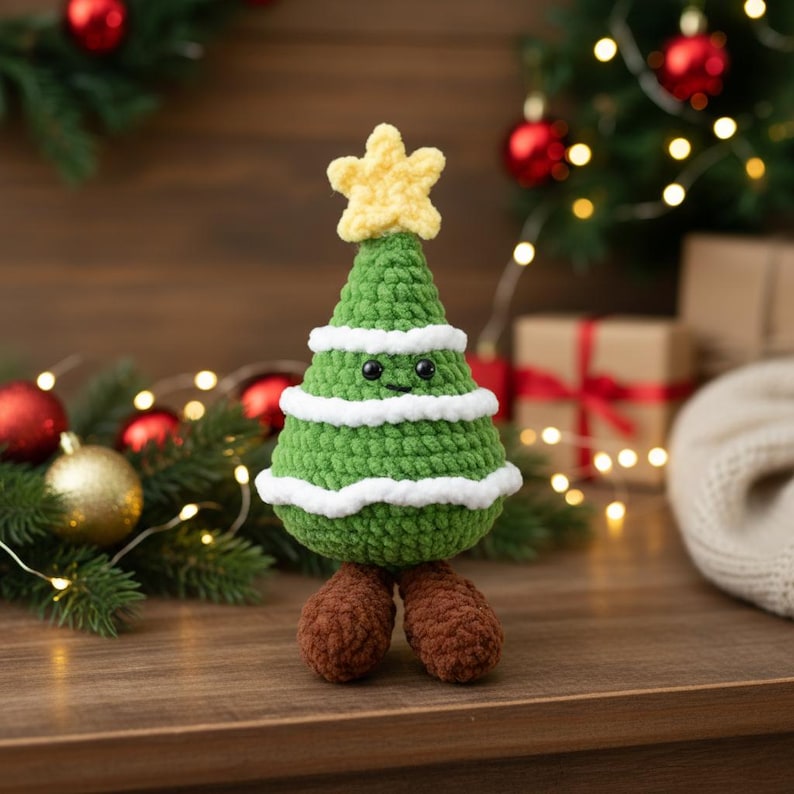 May include: A handmade green crochet Christmas tree with white trim and a yellow star on top. The tree has a smiling face and brown feet. Festive decor with Christmas lights and ornaments.