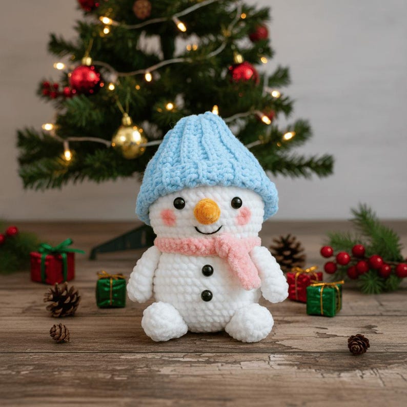 May include: A crocheted white snowman wearing a light blue hat and a pink scarf. The snowman has a carrot nose, rosy cheeks, and black button eyes. It is on a wooden surface with a Christmas tree decorated with baubles in the background.