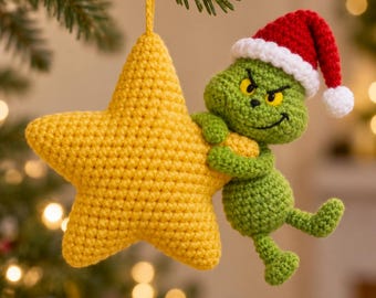 Funny Xmas Monster Ornament Crochet PDF Pattern - Easy Crochet Green Monster Xmas Tree Decoration - The Thief with Xmas Star Hanging Crochet
