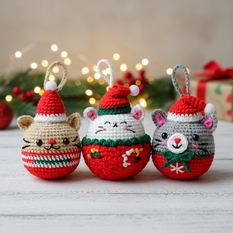 May include: Three handmade crochet Christmas ornaments shaped like mice. Each mouse wears a red Santa hat with a white pom-pom. The mice have different colors: tan, white, and gray. The ornaments have a loop for hanging and are decorated with red, green, and white details.