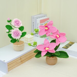 May include: Crocheted pink orchid and rose flowers in small pots. The flowers have green leaves and stems. The pots are a light tan color. The flowers are on a white shelf with books in the background.