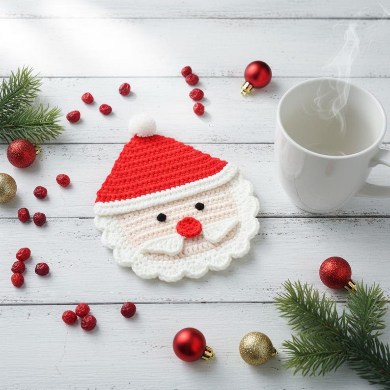 May include: A crocheted Santa Claus face coaster with a red hat and white beard, surrounded by Christmas ornaments and greenery. A white mug with steam rises in the background. Festive holiday decor.