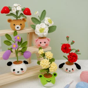 Cute Crochet Pattern: Flower Animal Pots, Bundle 5in1 Flowers & Animal Pots Easy Crochet, Amigurumi Desk Flower Pot Decorations PDF Pattern