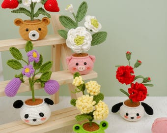 Cute Crochet Pattern: Flower Animal Pots, Bundle 5in1 Flowers & Animal Pots Easy Crochet, Amigurumi Desk Flower Pot Decorations PDF Pattern