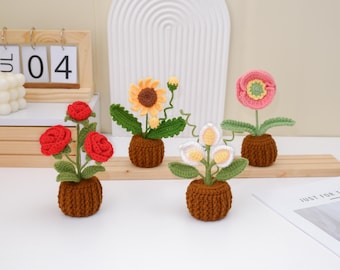 Bundle 4 Mini Flower Pots Crochet PDF Pattern, Easy Crochet Small Flower Pot Tutorial: Rose, Calla Lily, Sunflower, Poppy Flower Pattern