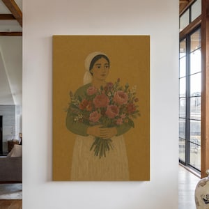 Romantic Floral Woman Canvas Wall Art, English Cottage Botanical Painting, Vintage Bouquet Portrait, Soft Neutral Wall Decor