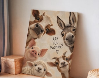 Are You Pooping Print | Pig Bathroom Decor | Farm Animal Wall Art | Cow Donkey Funny Bathroom Art | Beige Farmhouse Restroom