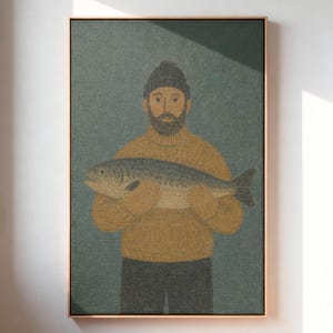 Vintage Fisherman Canvas Wall Art, Rustic Lake House Decor, Coastal Cabin Painting, Masculine Wall Decor, Fishing Lodge Artwork