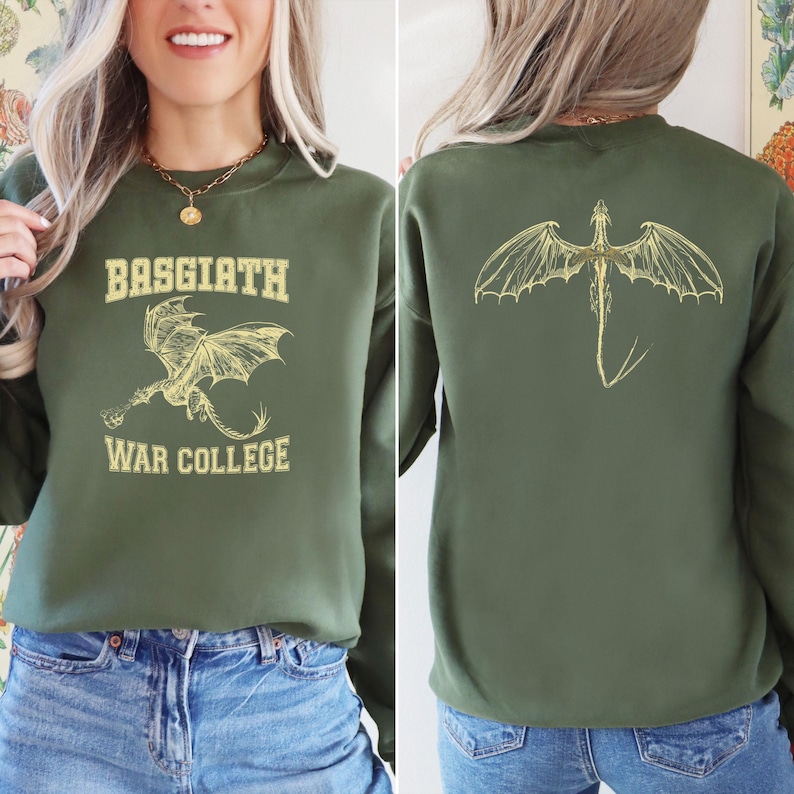 May include: A green sweatshirt with a dragon graphic on the back and the text "Basgiath War College" on the front.