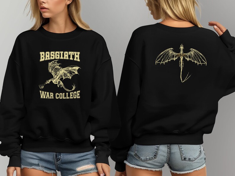 May include: Black sweatshirt with a yellow dragon graphic on the front and back. The front graphic says "Basgiath War College".